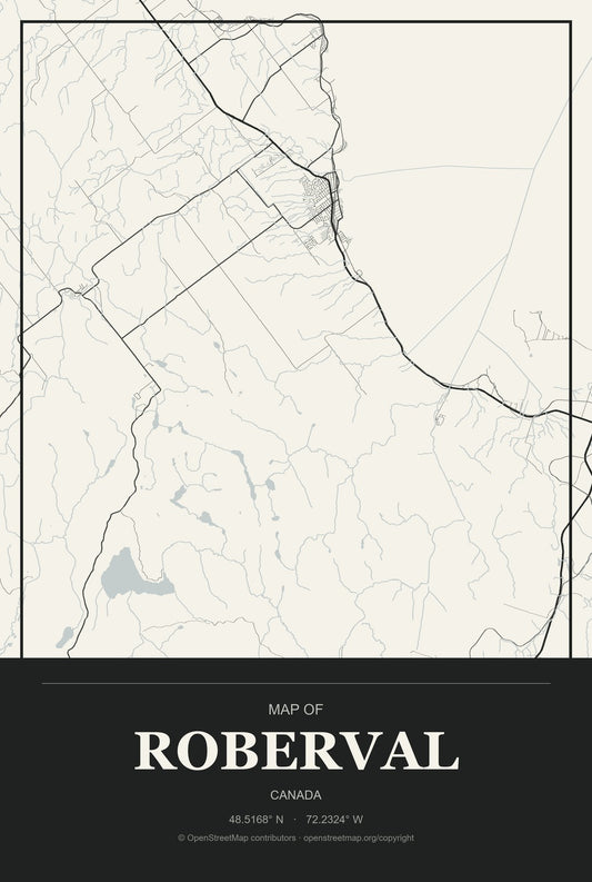 Roberval, Canada City Map Aluminum Sign in Museum Plaque style