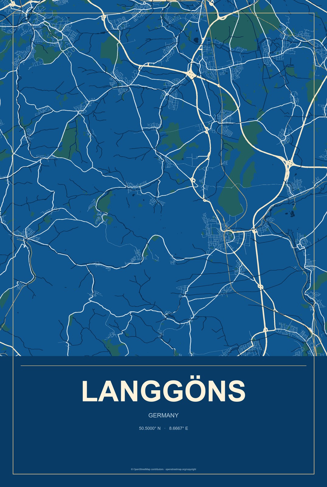 Langgöns, Germany City Map Aluminum Sign in Harbor Cobalt style