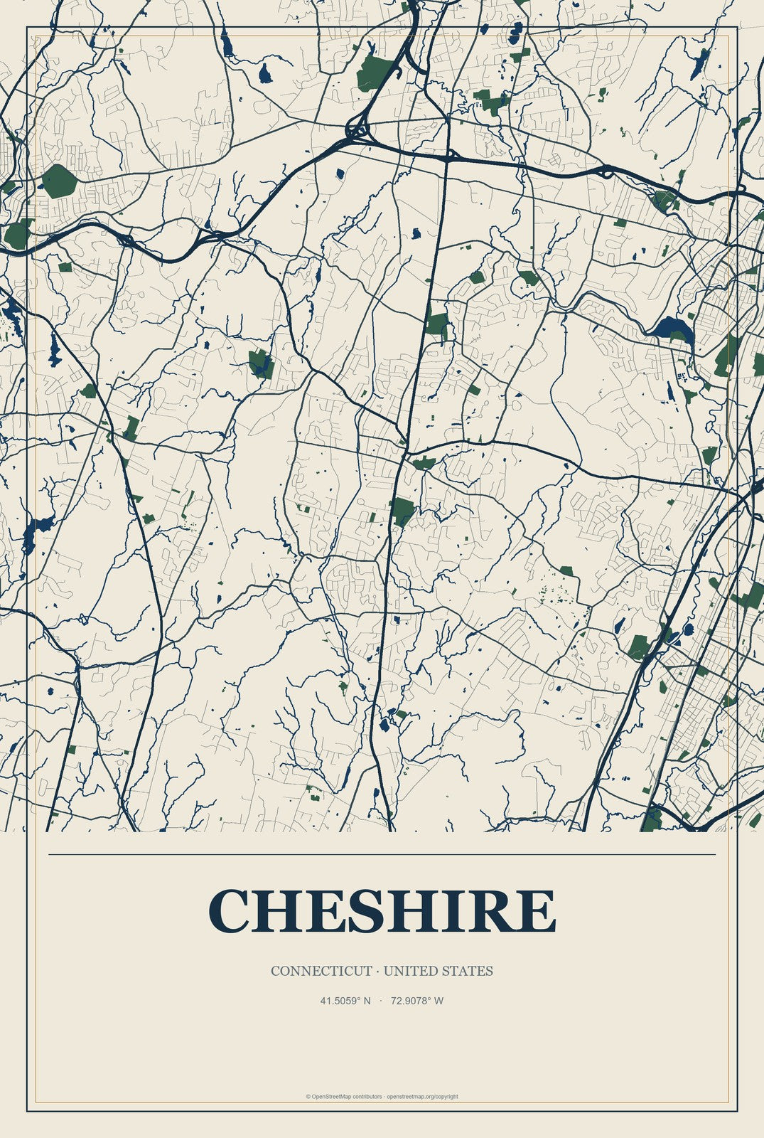 Cheshire, Connecticut City Map Aluminum Sign in Coastal Cutout style