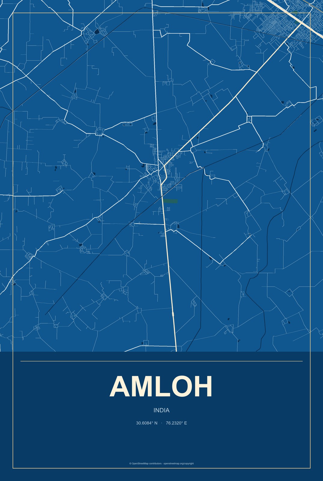 Amloh, India City Map Aluminum Sign in Harbor Cobalt style