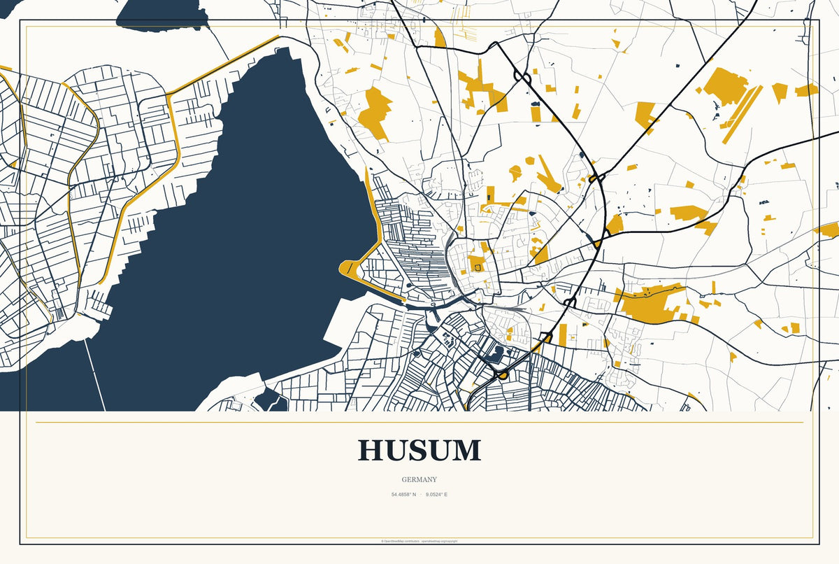 Husum, Germany City Map Aluminum Sign in Citrine Modern style