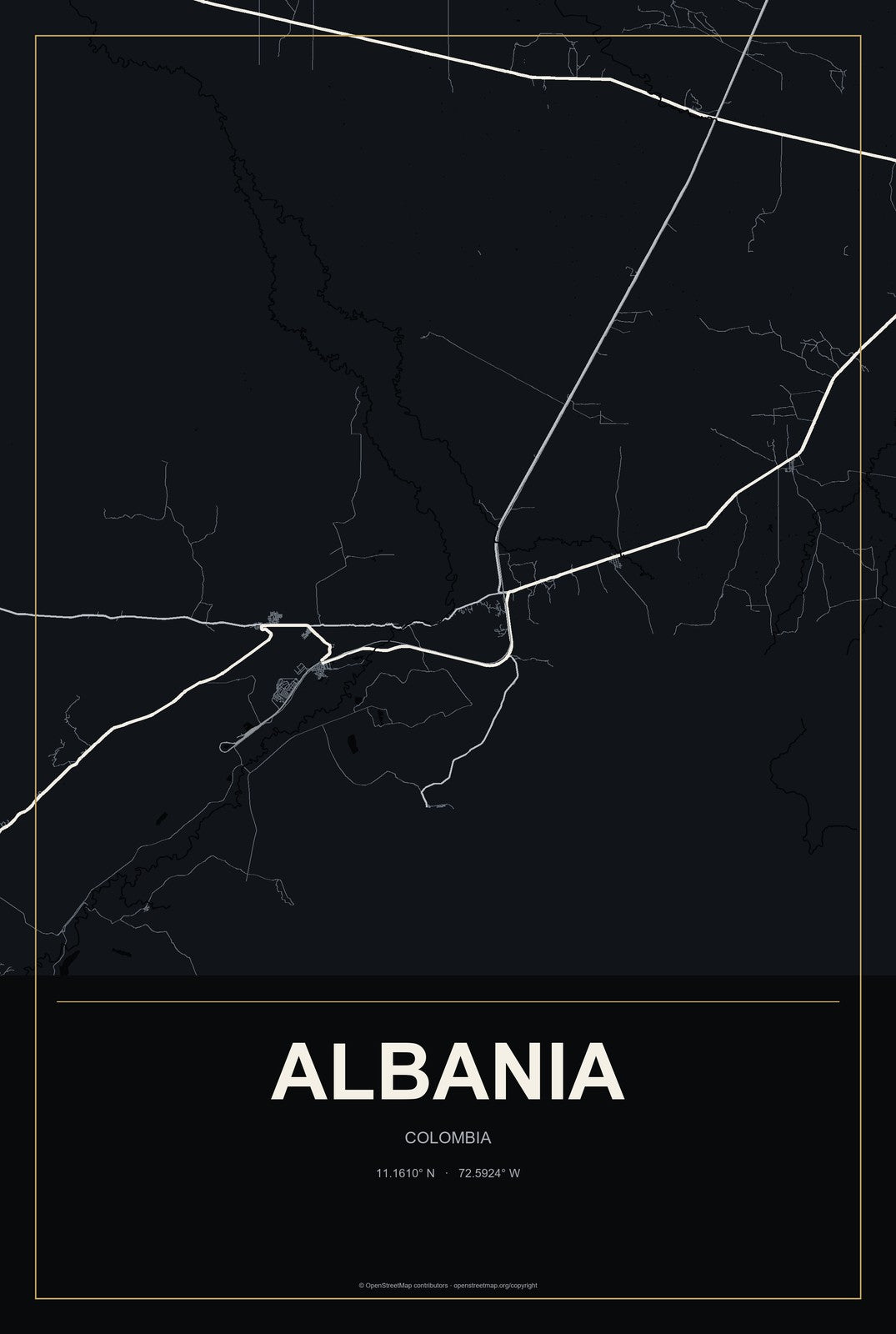 Albania, Colombia City Map Aluminum Sign in Metropolitan Noir style