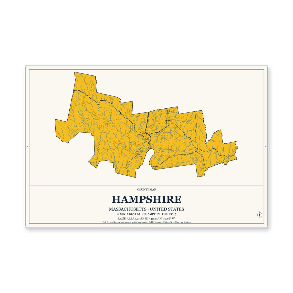 Hampshire County, Massachusetts Map Aluminum Sign in Citrine Modern style
