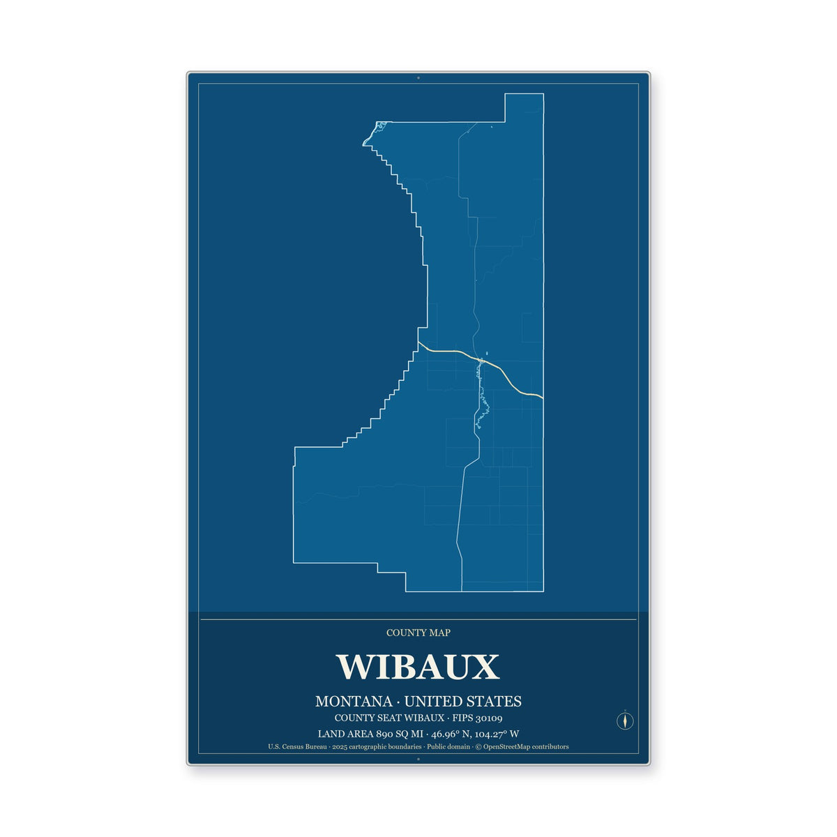 Wibaux County, Montana Map Aluminum Sign in Harbor Cobalt style