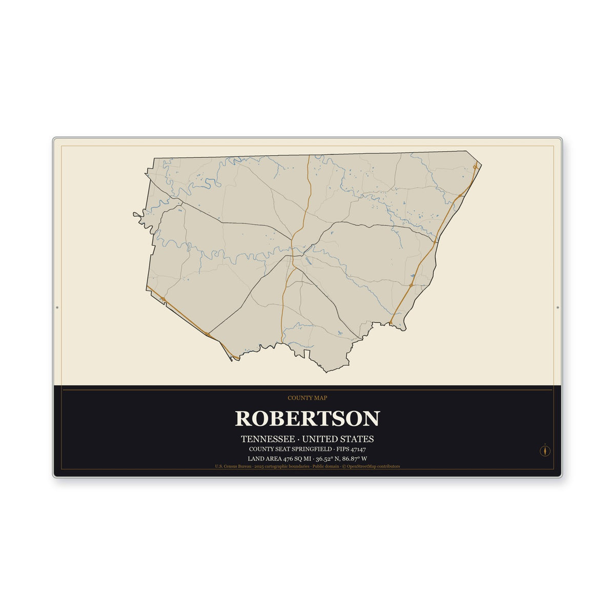 Robertson County, Tennessee Map Aluminum Sign in Museum Plaque style