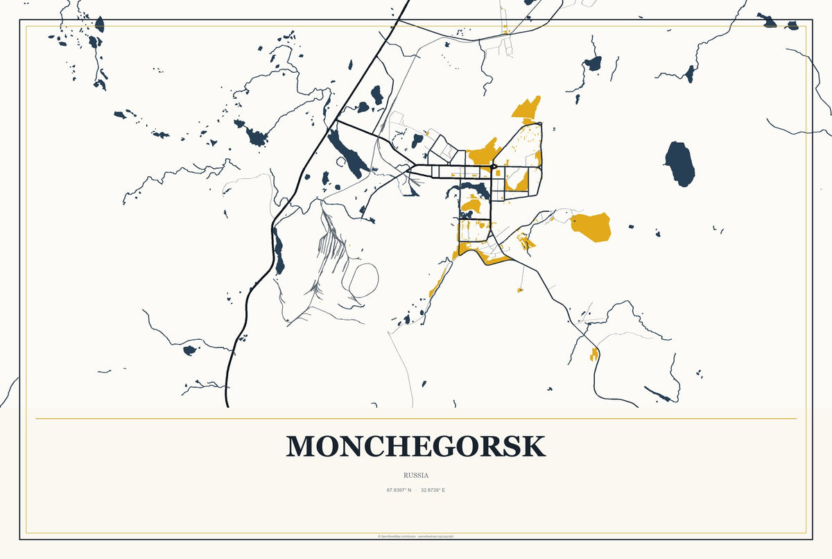Monchegorsk, Russia City Map Aluminum Sign in Citrine Modern style