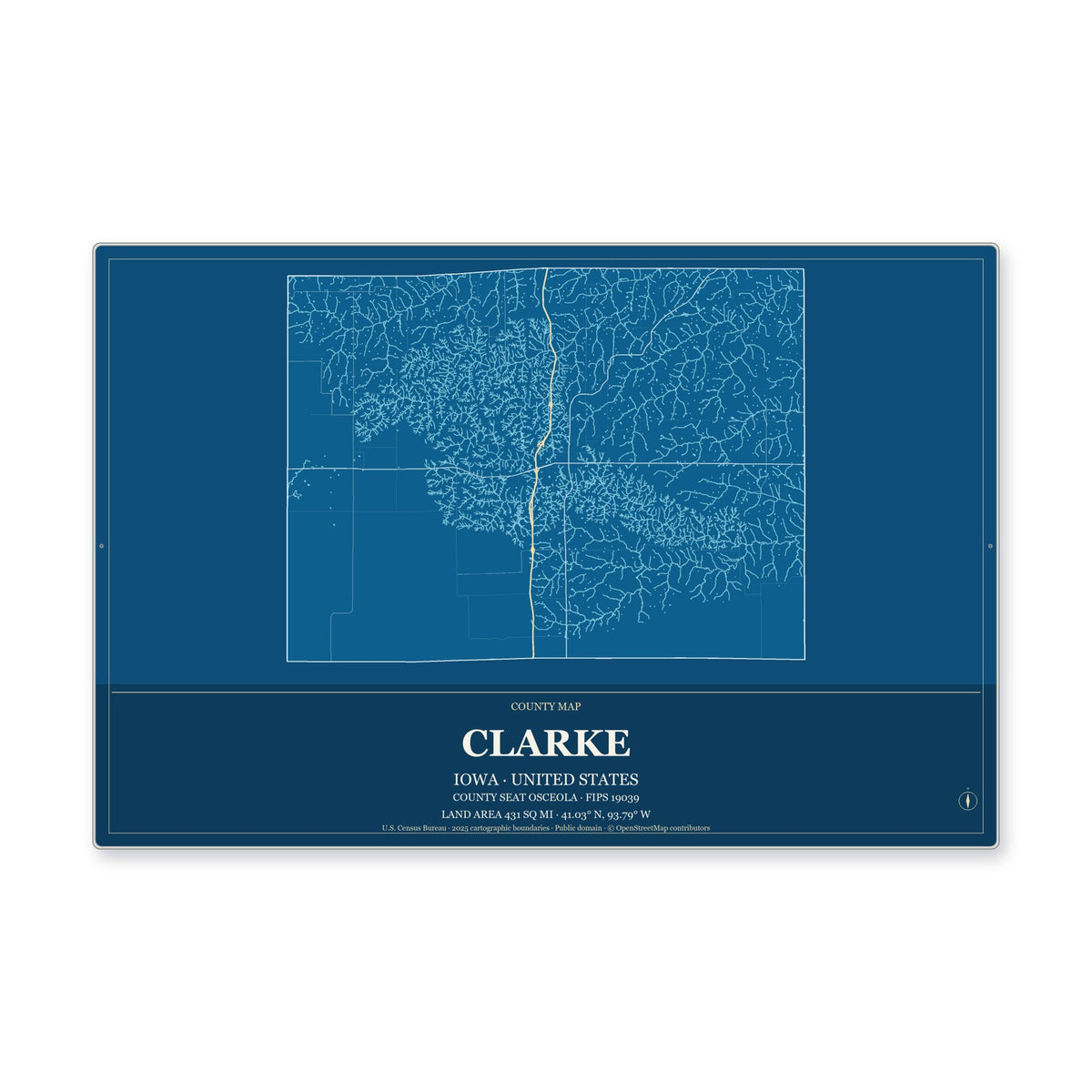 Clarke County, Iowa Map Aluminum Sign in Harbor Cobalt style