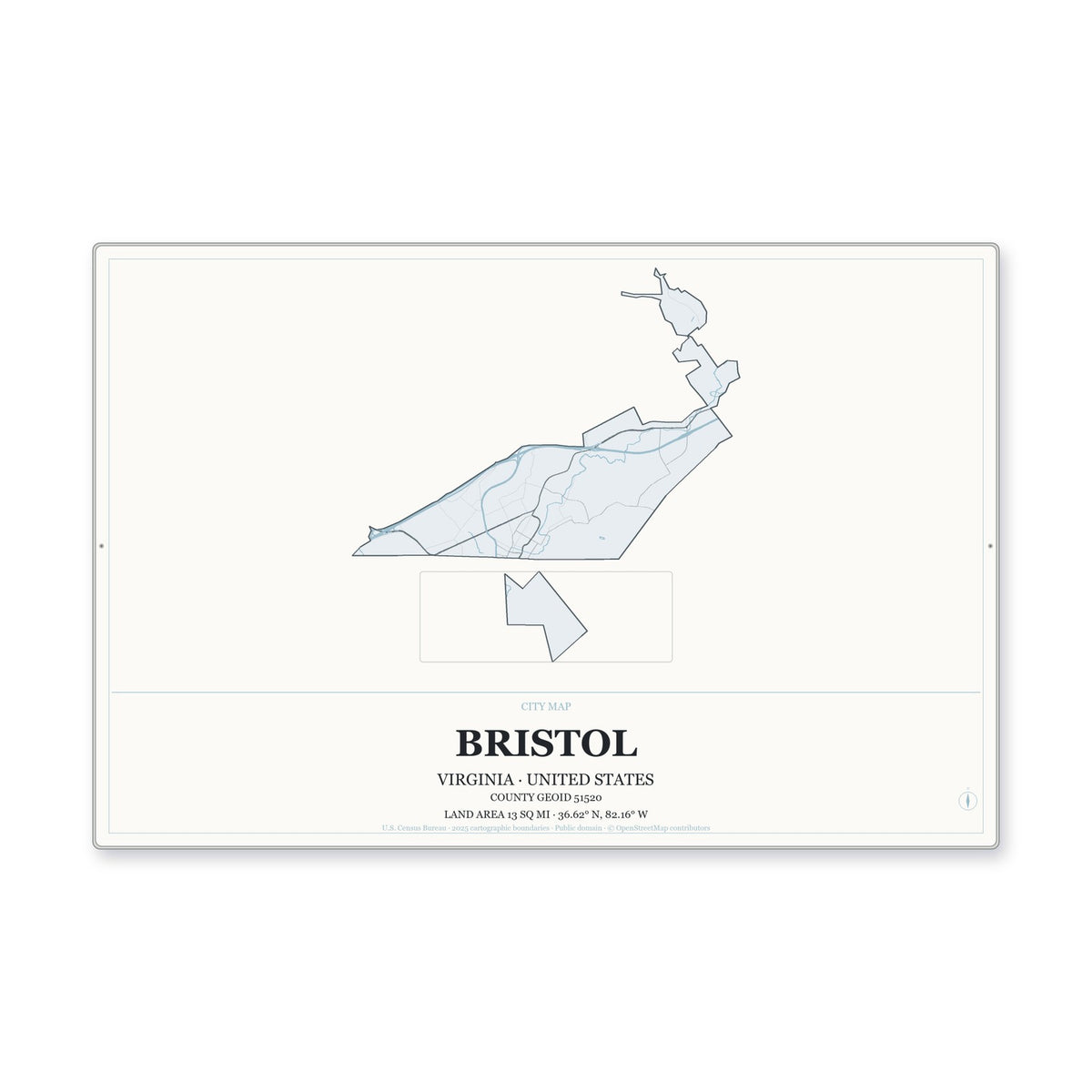 Bristol city, Virginia Map Aluminum Sign in Gallery Air style