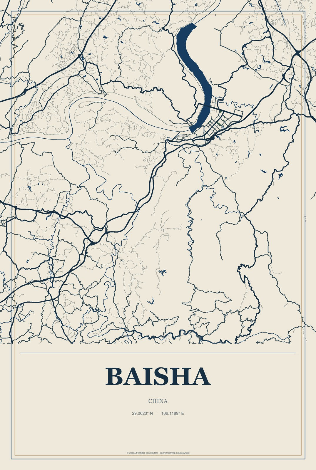 Baisha, Guangxi, China City Map Aluminum Sign in Coastal Cutout style