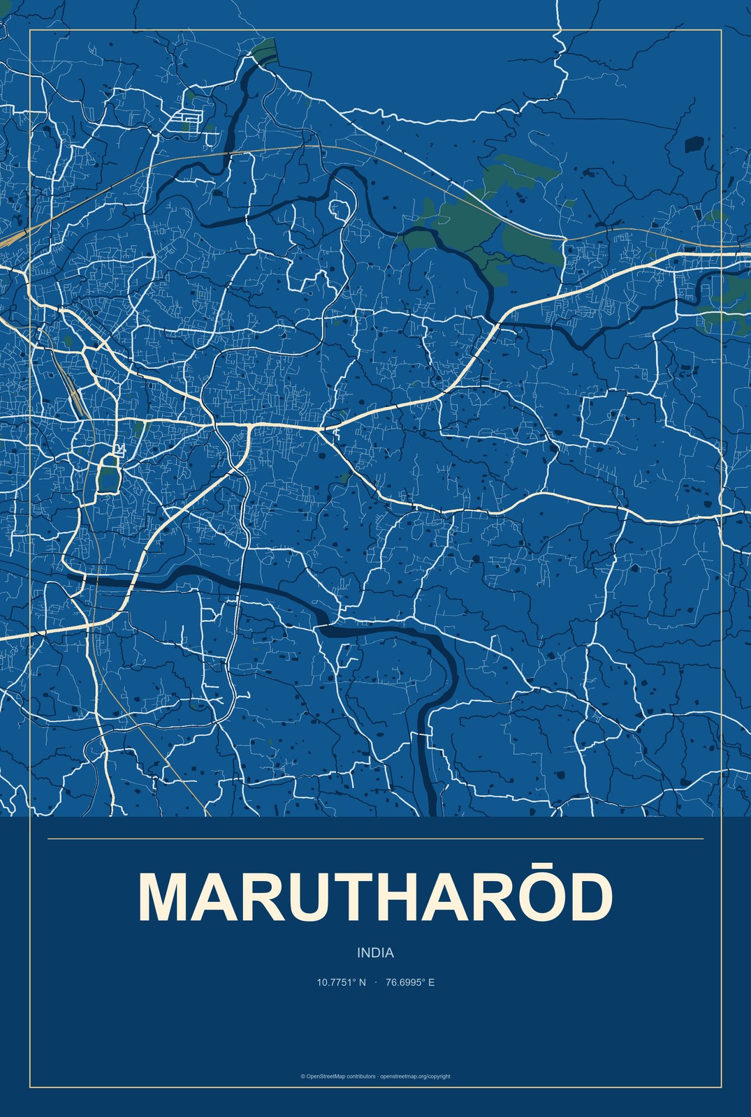 Marutharōd, India City Map Aluminum Sign in Harbor Cobalt style