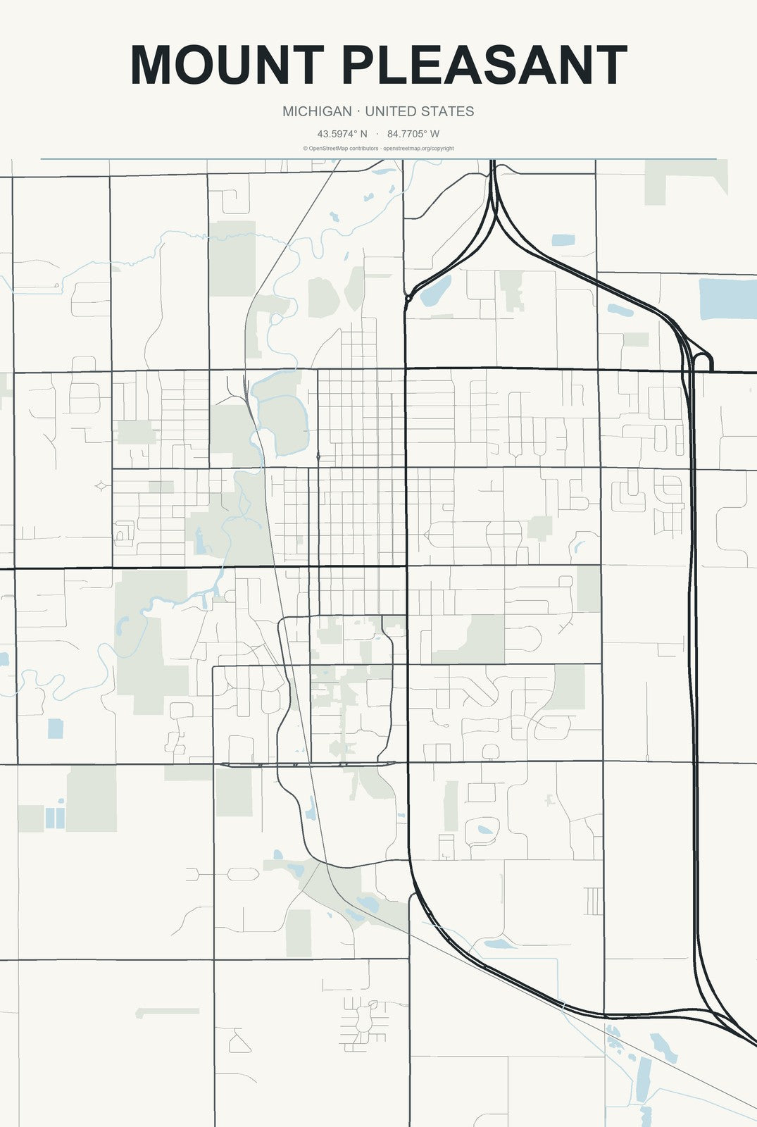 Mount Pleasant, Michigan City Map Aluminum Sign in Headline Atlas style