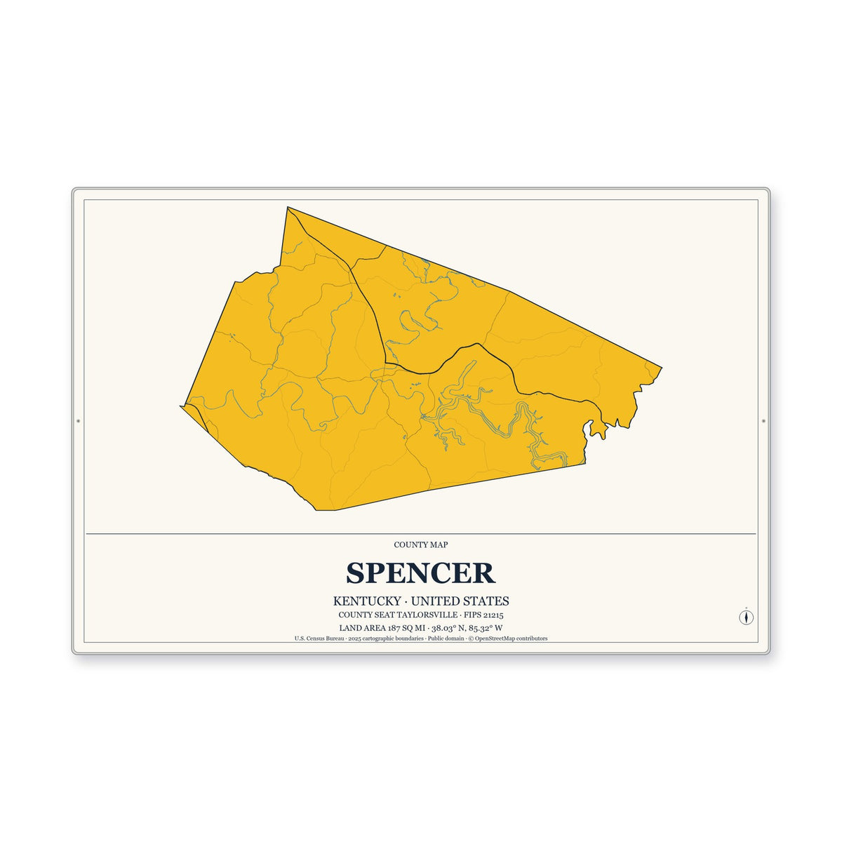 Spencer County, Kentucky Map Aluminum Sign in Citrine Modern style