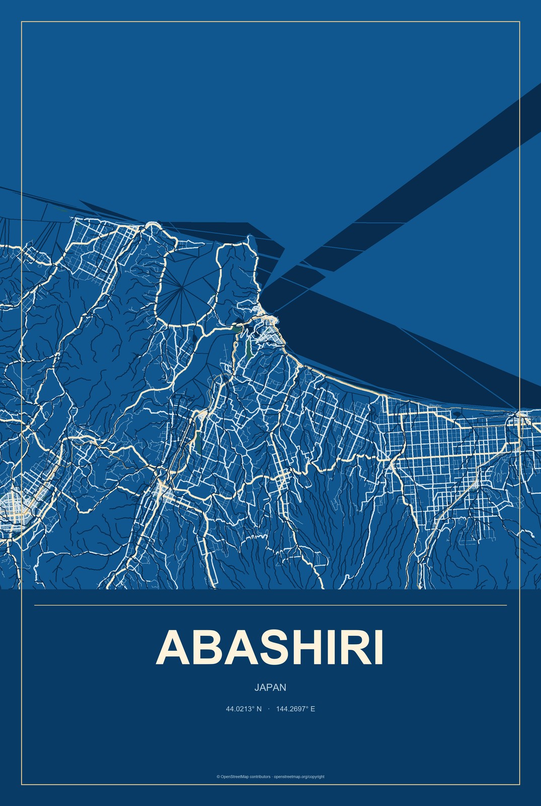 Abashiri, Japan City Map Aluminum Sign in Harbor Cobalt style