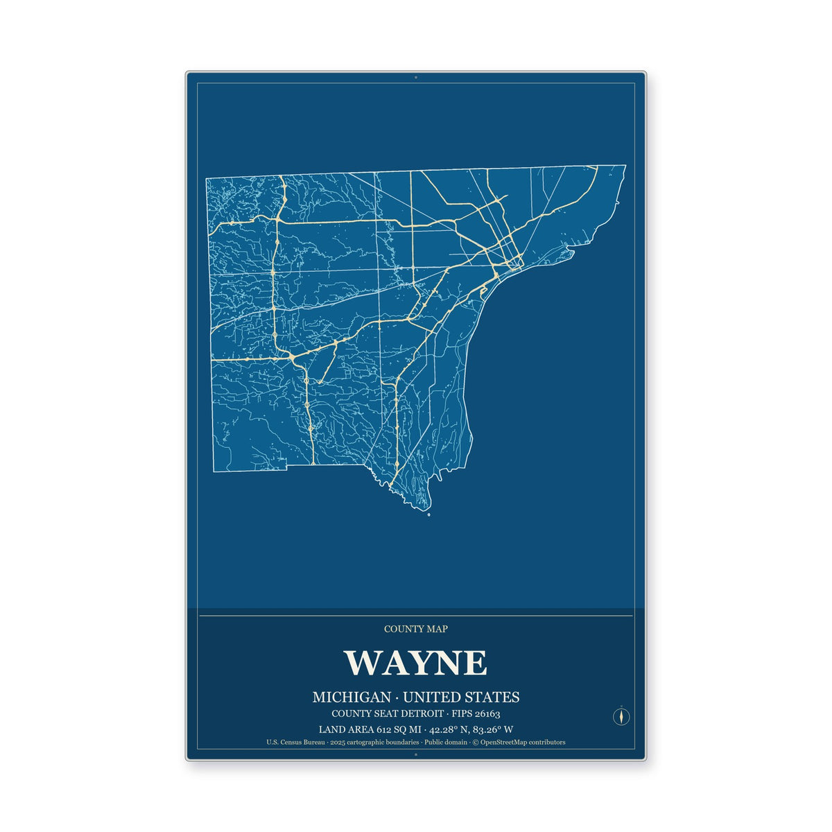 Wayne County, Michigan Map Aluminum Sign in Harbor Cobalt style