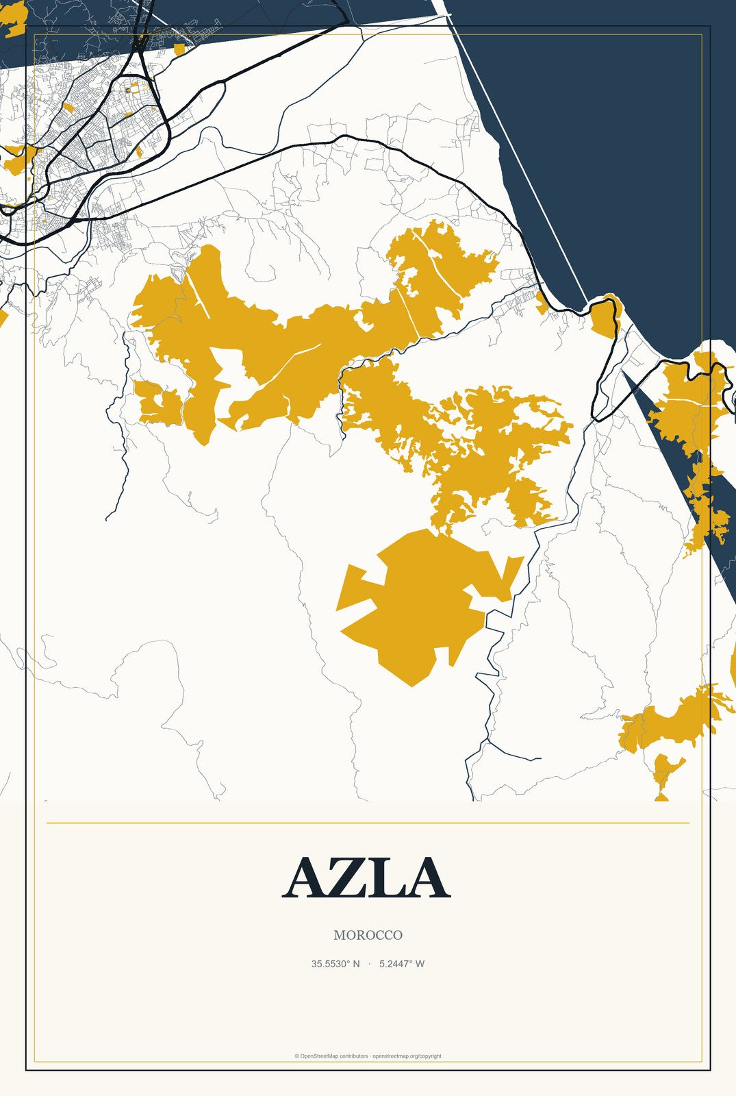 Azla, Morocco City Map Aluminum Sign in Citrine Modern style