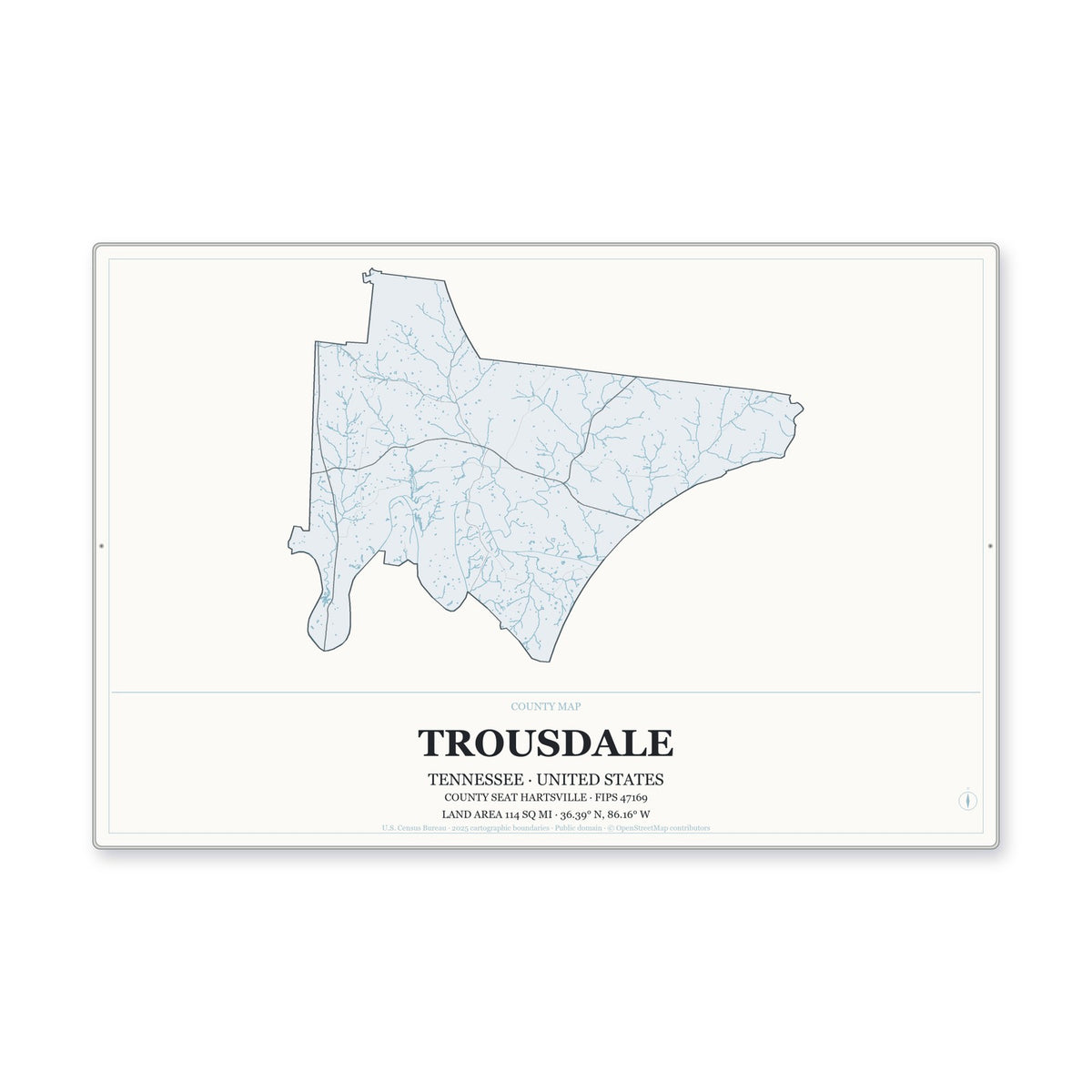 Trousdale County, Tennessee Map Aluminum Sign in Gallery Air style