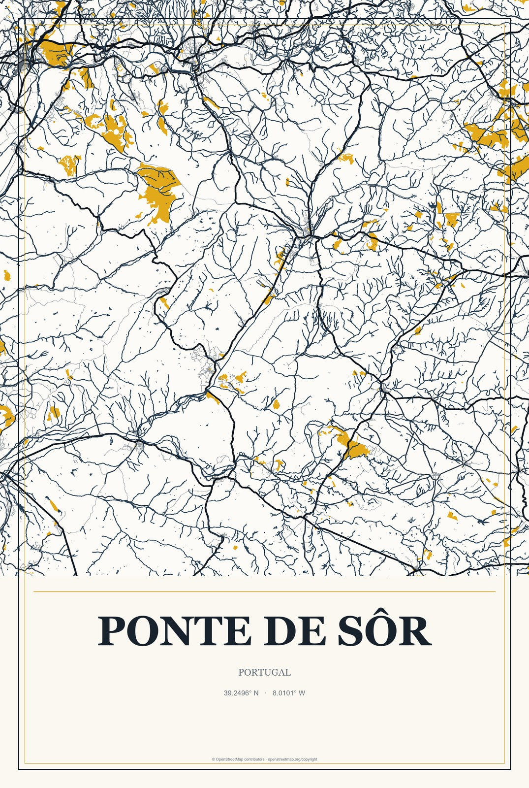 Ponte de Sôr, Portugal City Map Aluminum Sign in Citrine Modern style