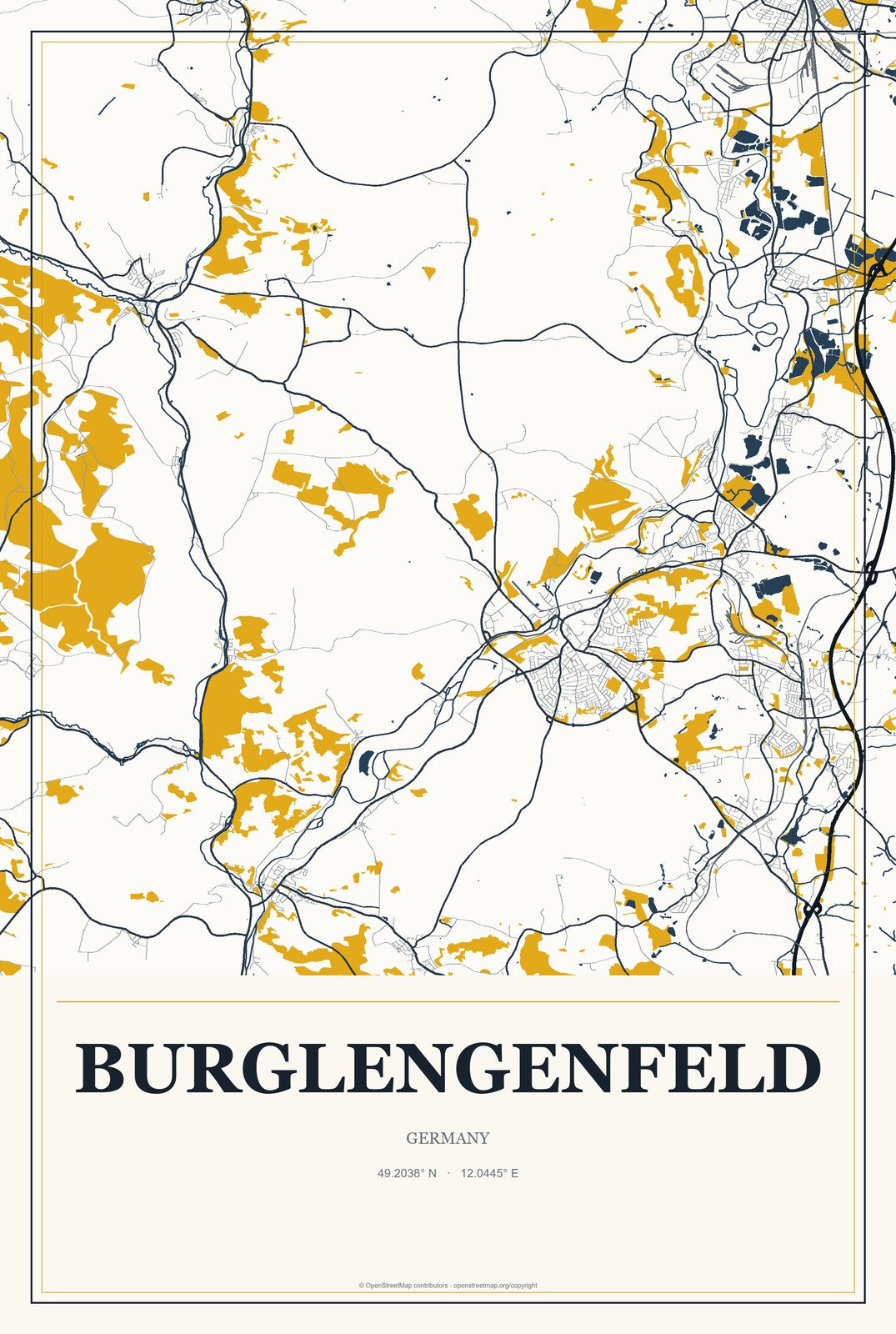 Burglengenfeld, Germany City Map Aluminum Sign in Citrine Modern style