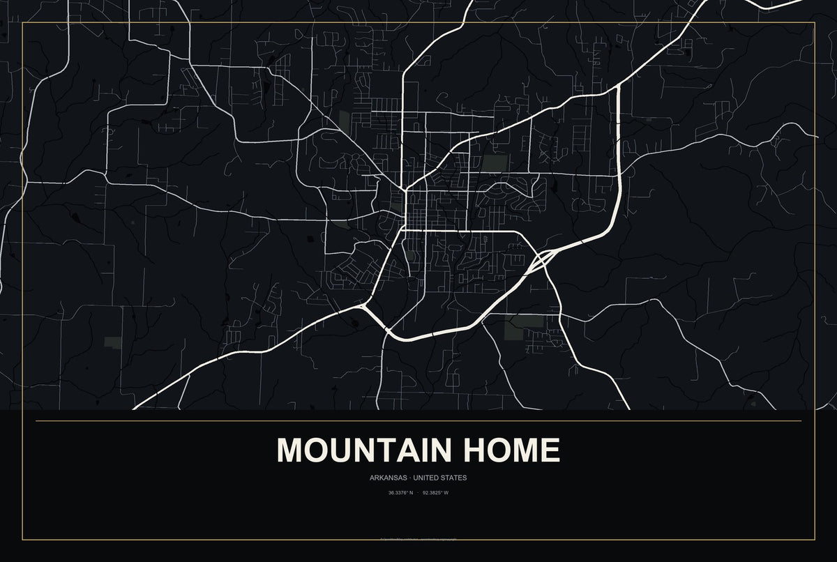 Mountain Home, Arkansas City Map Aluminum Sign in Metropolitan Noir style
