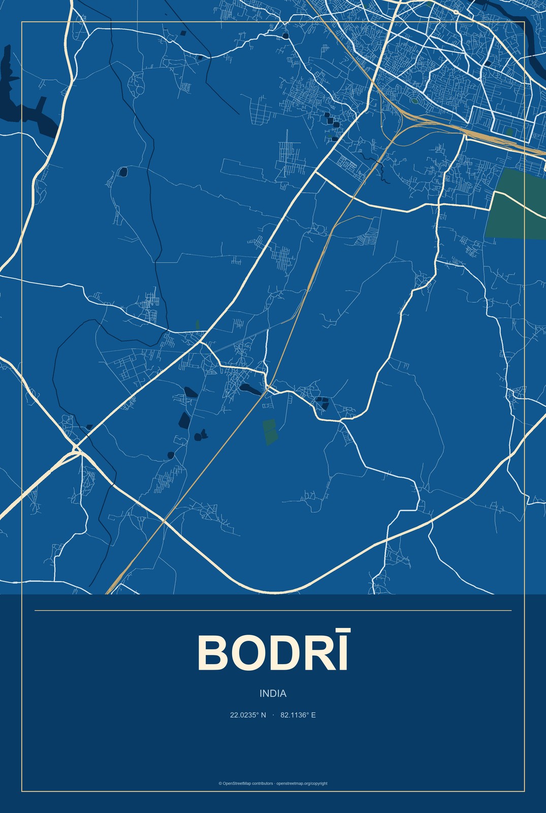 Bodrī, India City Map Aluminum Sign in Harbor Cobalt style
