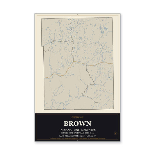 Brown County, Indiana Map Aluminum Sign in Museum Plaque style