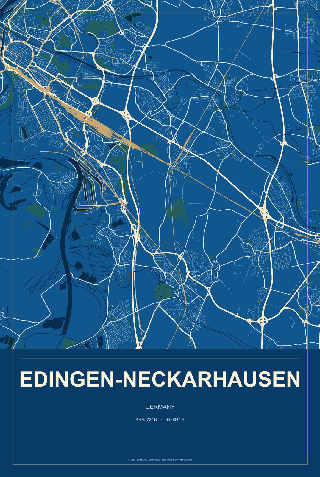 Edingen-Neckarhausen, Germany City Map Aluminum Sign in Harbor Cobalt style