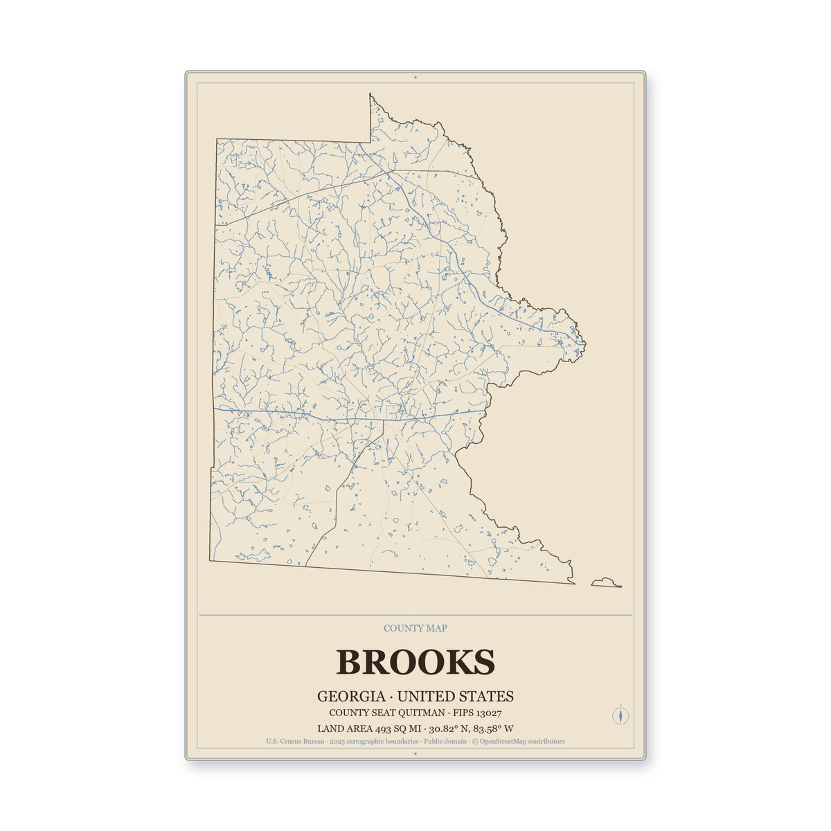 Brooks County, Georgia Map Aluminum Sign in Heritage Nautical style