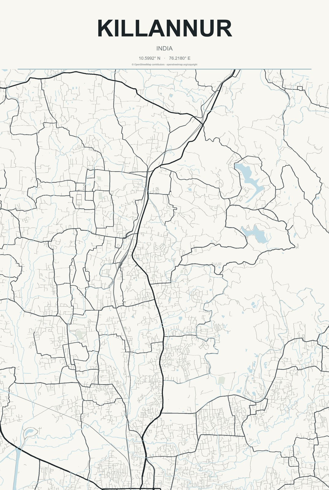 Killannur, India City Map Aluminum Sign in Headline Atlas style