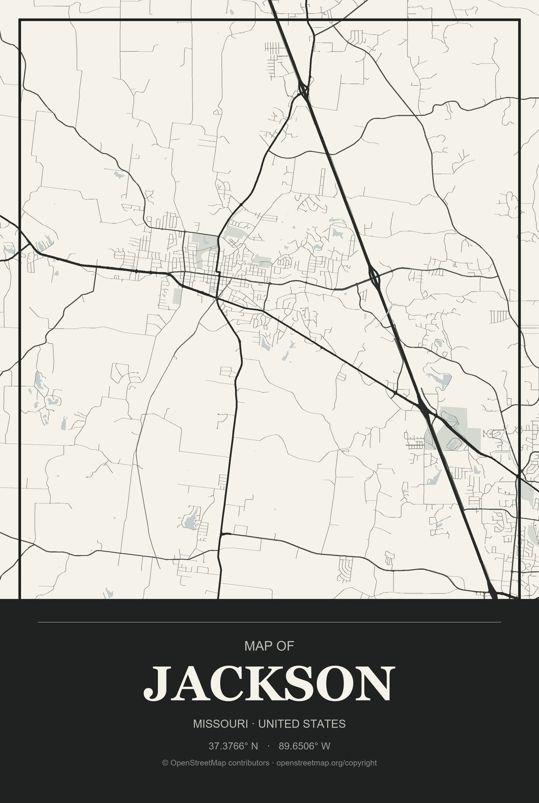Jackson, Missouri City Map Aluminum Sign in Museum Plaque style