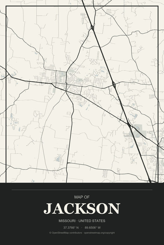 Jackson, Missouri City Map Aluminum Sign in Museum Plaque style