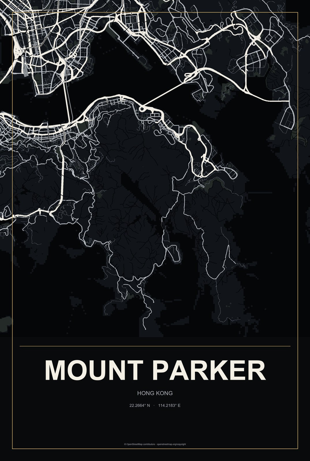 Mount Parker, Hong Kong City Map Aluminum Sign in Metropolitan Noir style