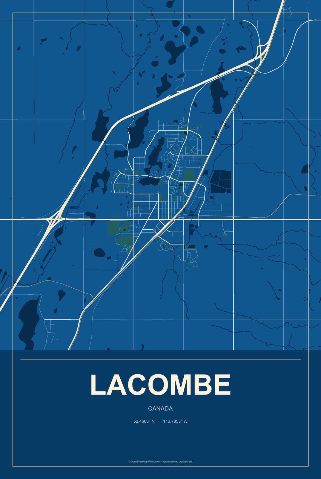 Lacombe, Canada City Map Aluminum Sign in Harbor Cobalt style