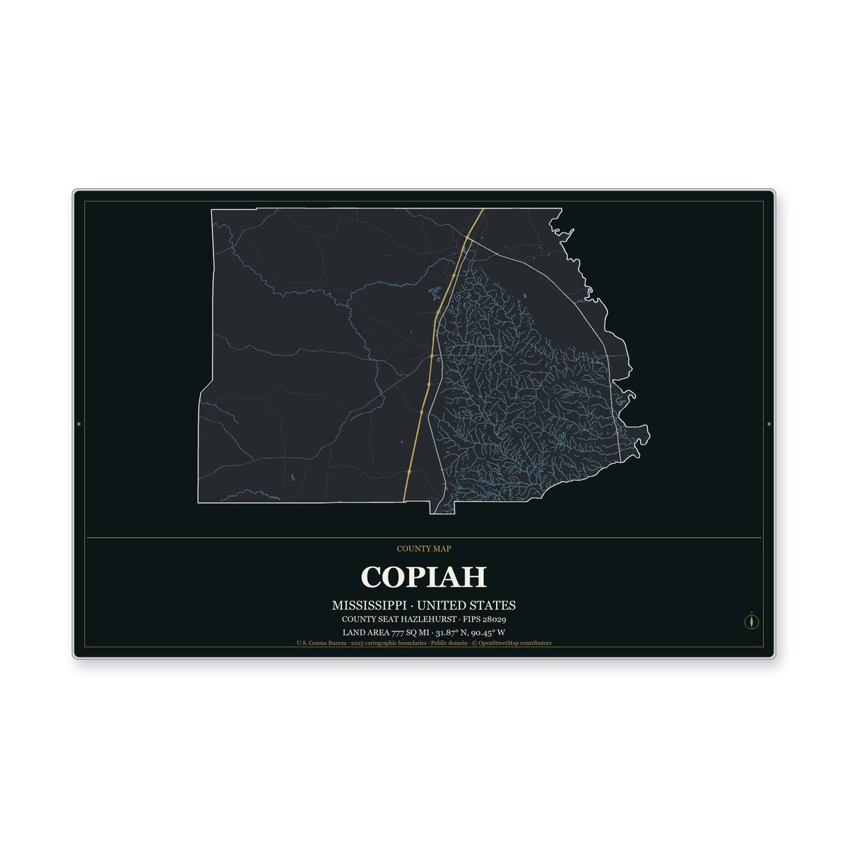 Copiah County, Mississippi Map Aluminum Sign in Metropolitan Noir style