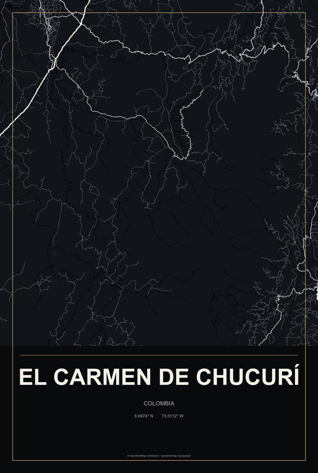 El Carmen de Chucurí, Colombia City Map Aluminum Sign in Metropolitan Noir style