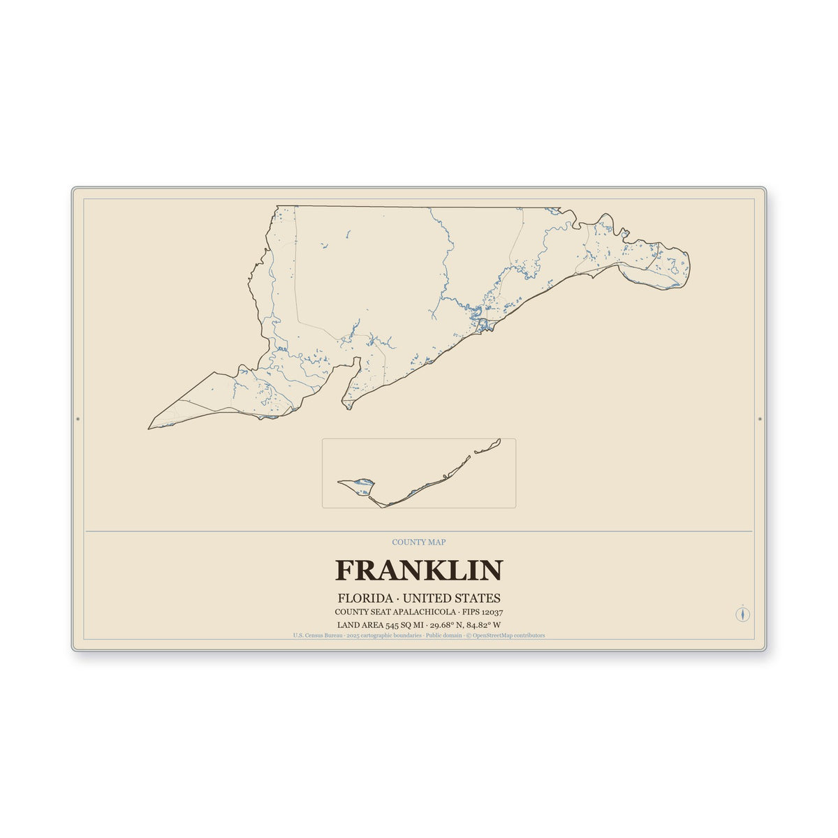 Franklin County, Florida Map Aluminum Sign in Heritage Nautical style