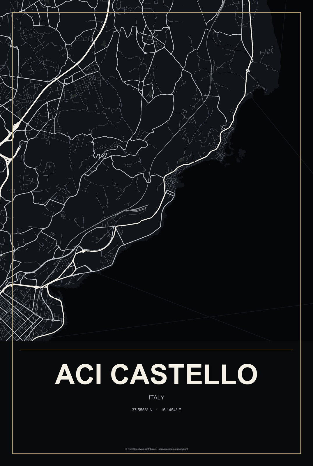Aci Castello, Italy City Map Aluminum Sign in Metropolitan Noir style