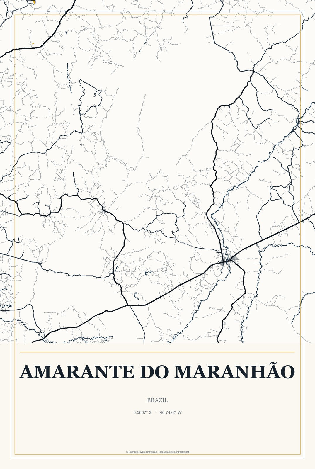 Amarante do Maranhão, Brazil City Map Aluminum Sign in Citrine Modern style
