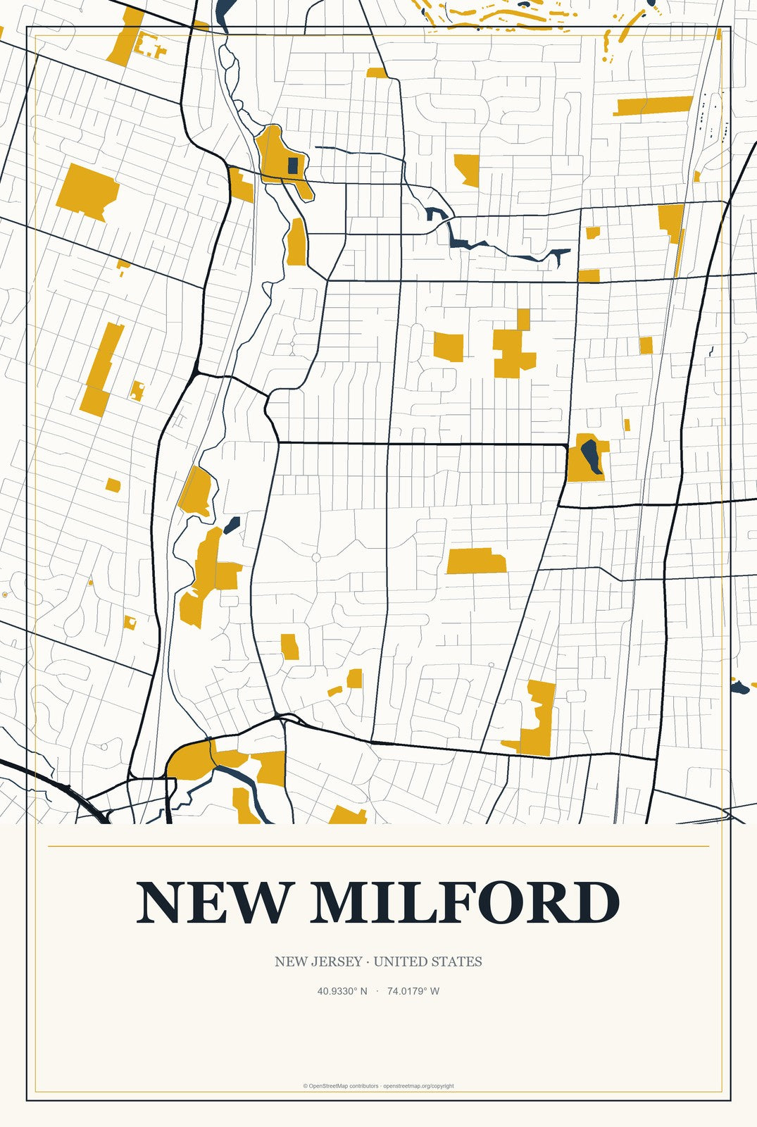 New Milford, New Jersey City Map Aluminum Sign in Citrine Modern style