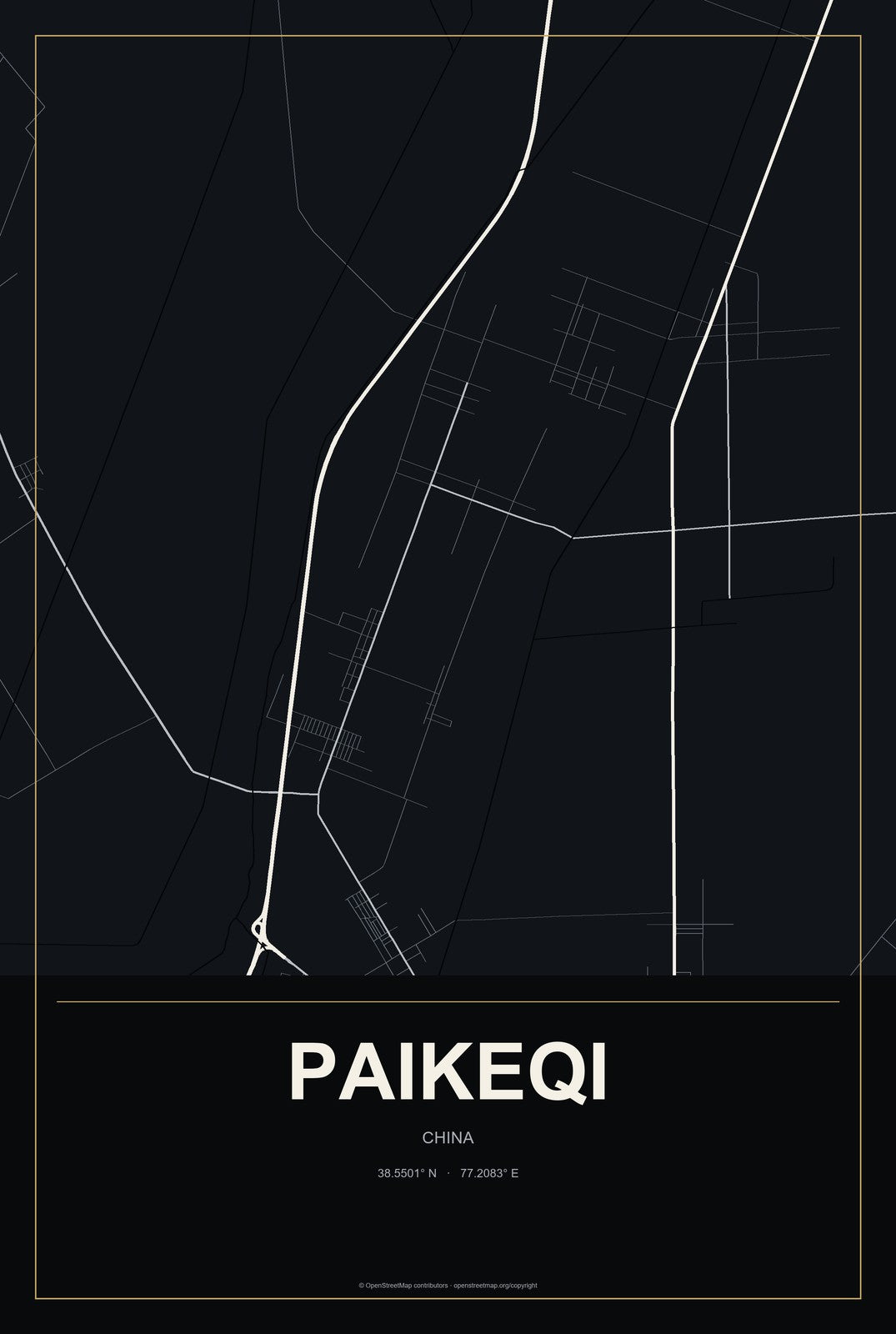 Paikeqi, China City Map Aluminum Sign in Metropolitan Noir style