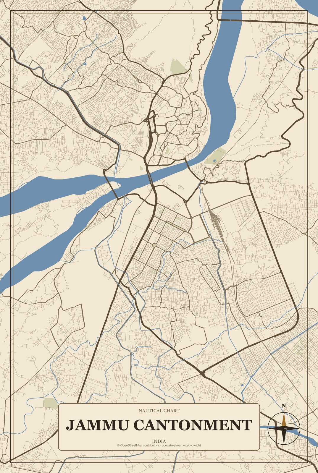 Jammu Cantonment, India City Map Aluminum Sign in Heritage Nautical style