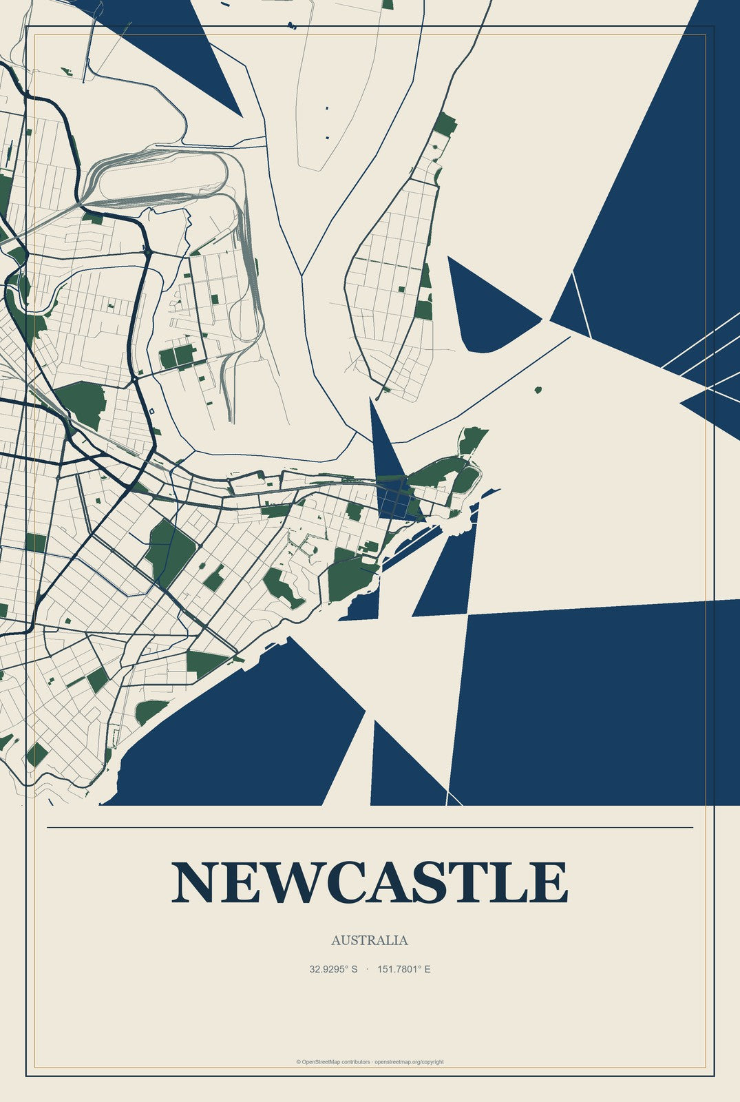 Newcastle, Australia City Map Aluminum Sign in Coastal Cutout style