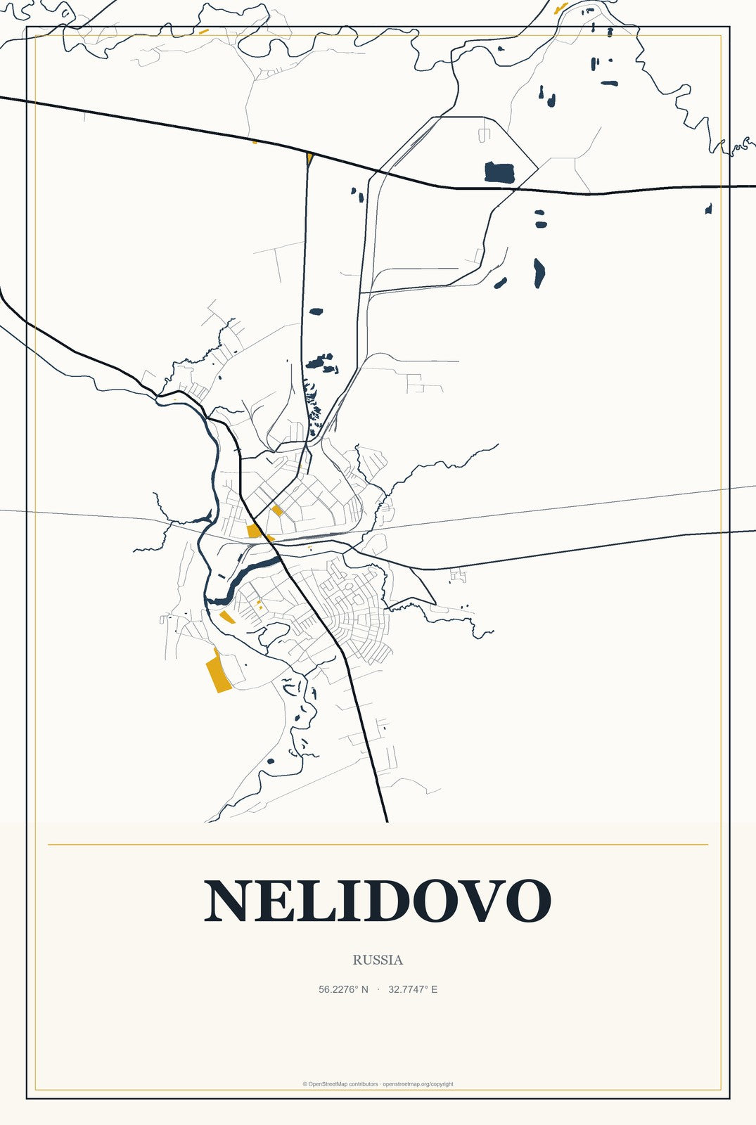 Nelidovo, Russia City Map Aluminum Sign in Citrine Modern style