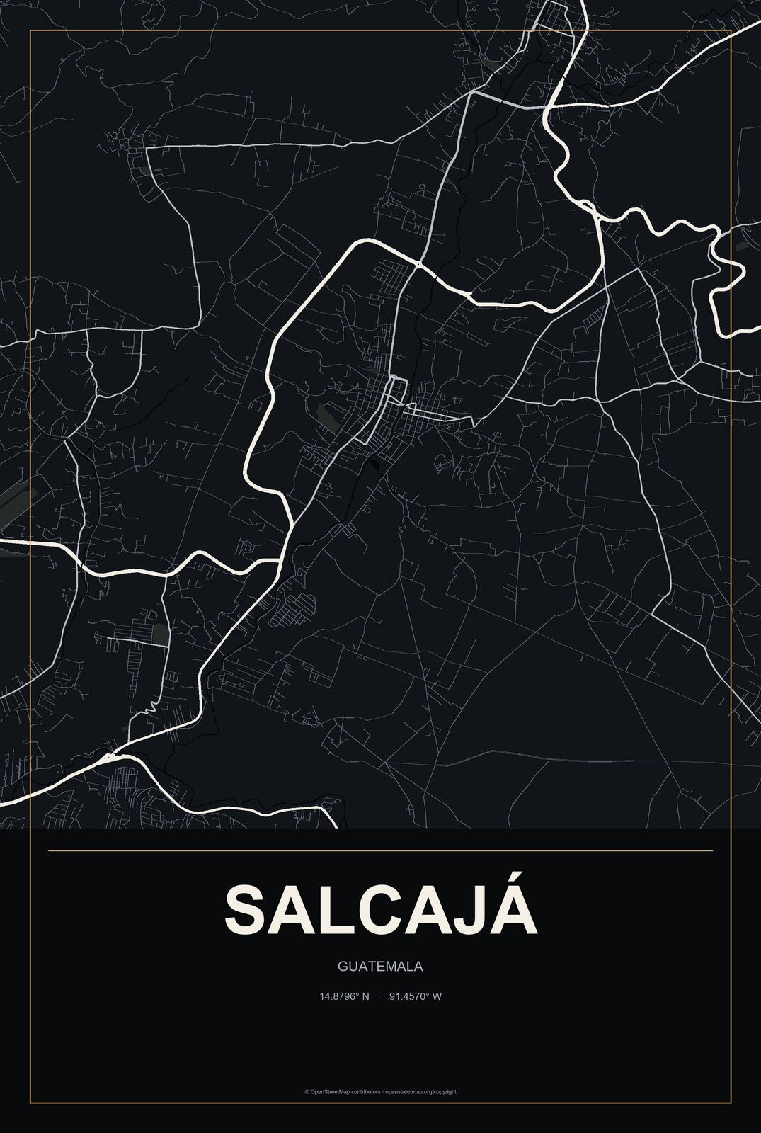 Salcajá, Guatemala City Map Aluminum Sign in Metropolitan Noir style