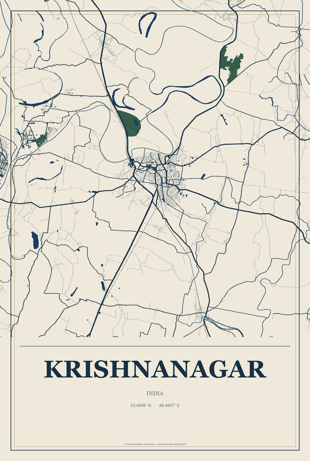 Krishnanagar, India City Map Aluminum Sign in Coastal Cutout style