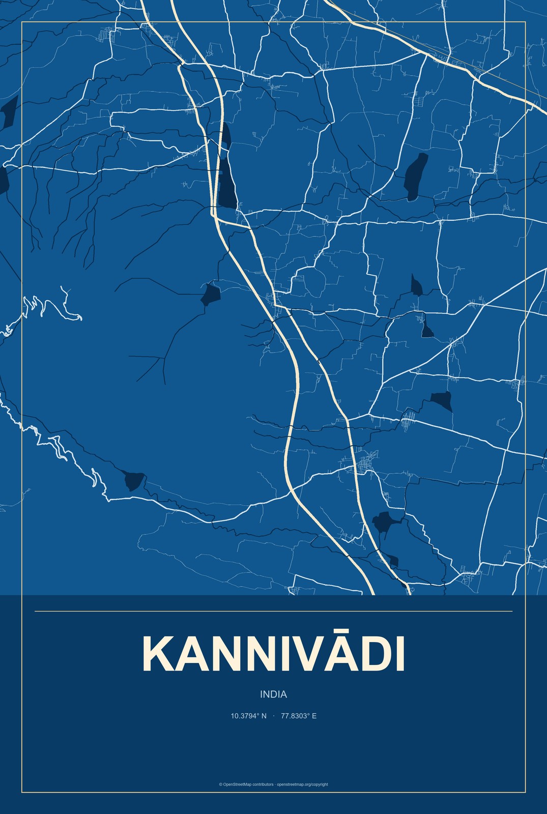 Kannivādi, India City Map Aluminum Sign in Harbor Cobalt style
