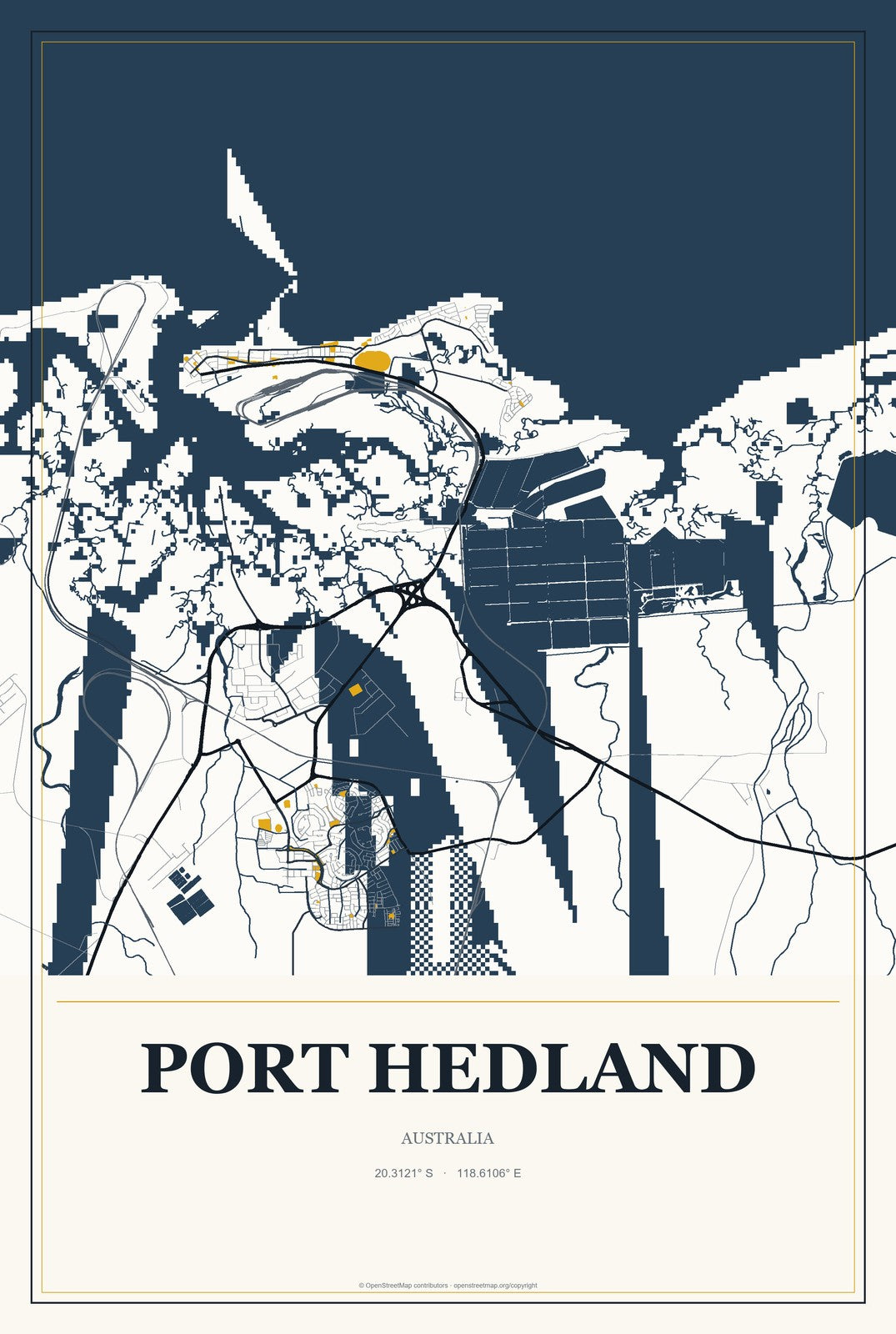 Port Hedland, Australia City Map Aluminum Sign in Citrine Modern style