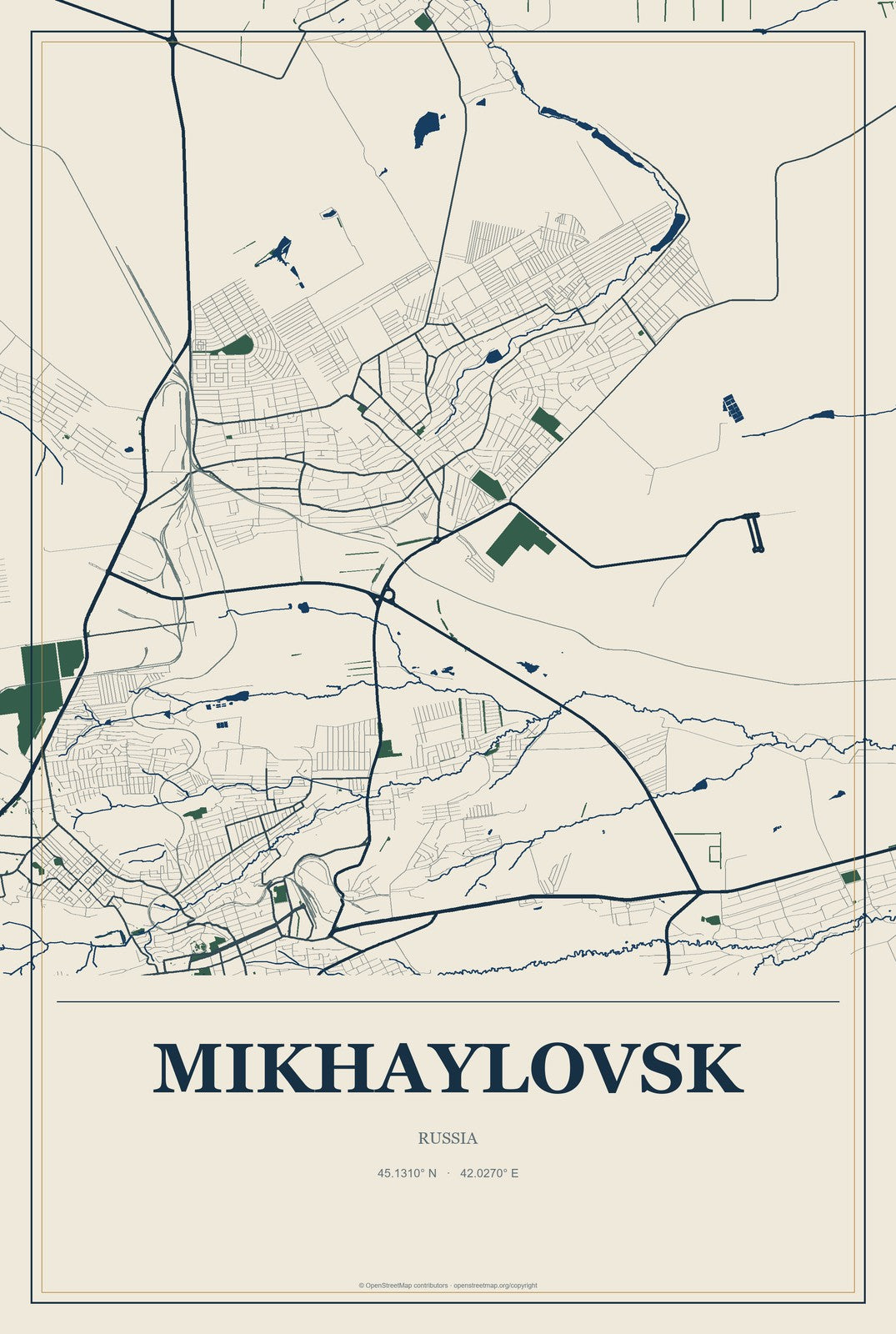 Mikhaylovsk, Sverdlovsk Oblast, Russia City Map Aluminum Sign in Coastal Cutout style