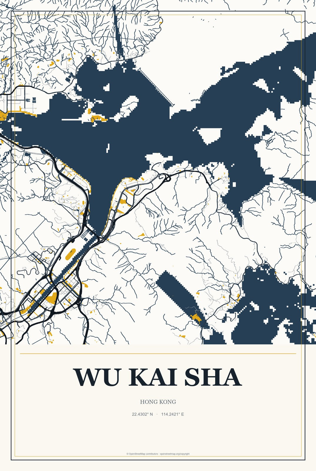 Wu Kai Sha, Hong Kong City Map Aluminum Sign in Citrine Modern style