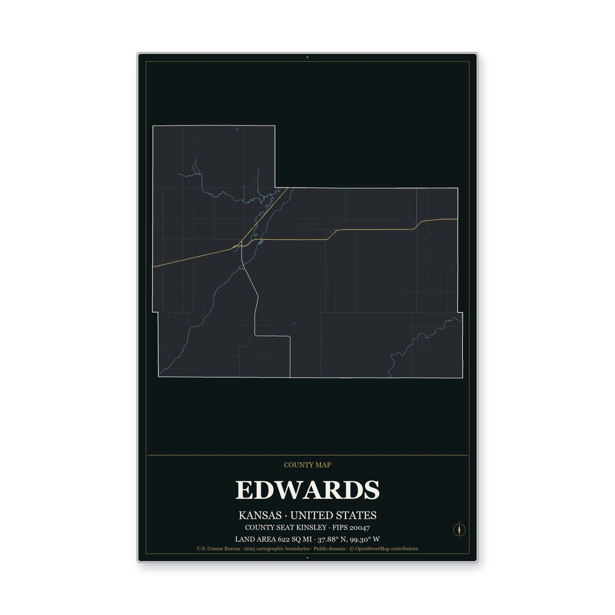 Edwards County, Kansas Map Aluminum Sign in Metropolitan Noir style