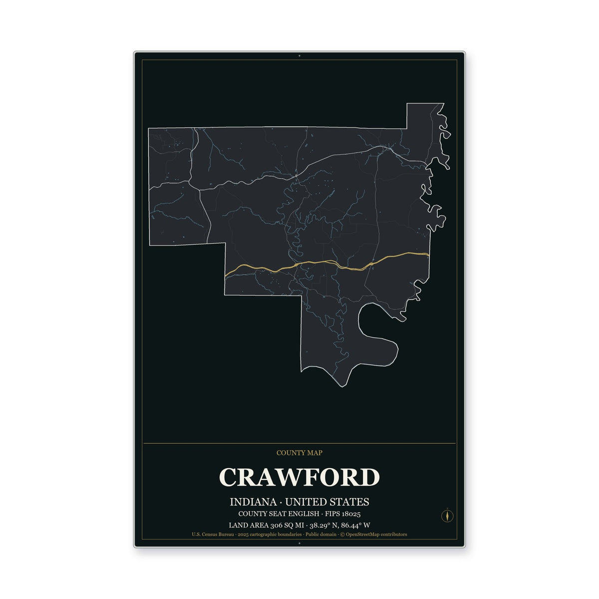 Crawford County, Indiana Map Aluminum Sign in Metropolitan Noir style